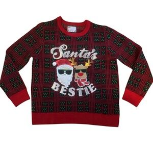 Santas Bestie Ugly Christmas Sweater Mens Large Red Green Reindeer‎ Sequin Large